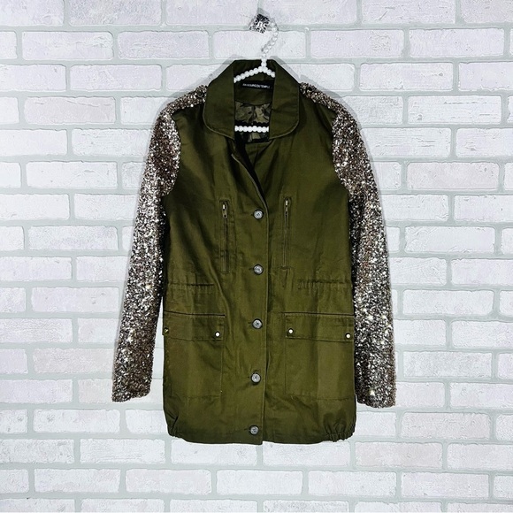 Faubourg du Temple Statement Green Utility Jacket with Sequin Sleeves Size S - Picture 3 of 12